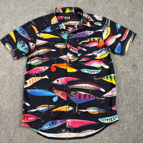 Neff Other - Neff Button Up Shirt Mens Medium Fishing Lure Print Short Sleeve Outdoors AOP